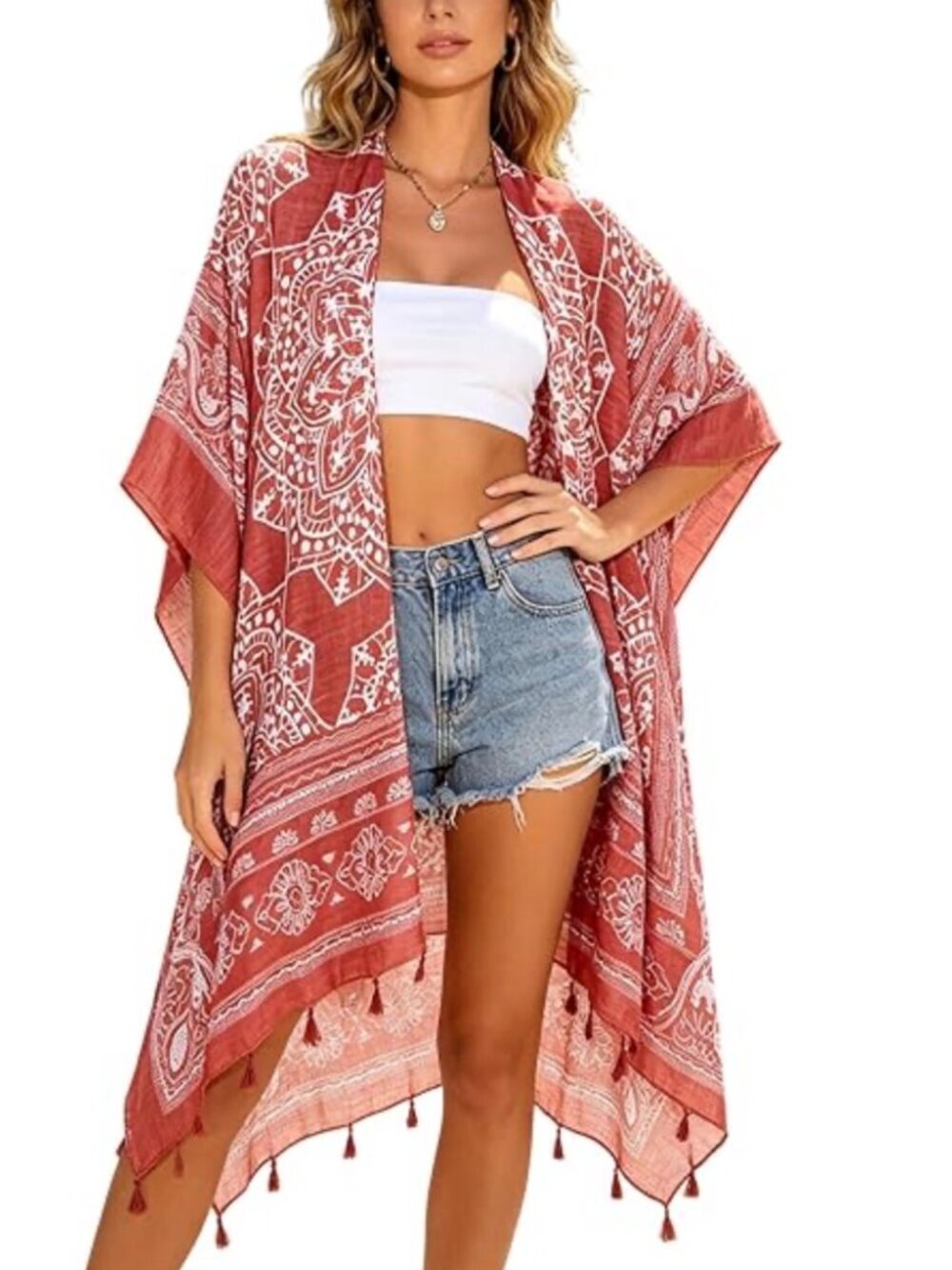 Boho Kimono Cover Up Red White Mandala Print Tassel Trim Open Front Beach Cardig